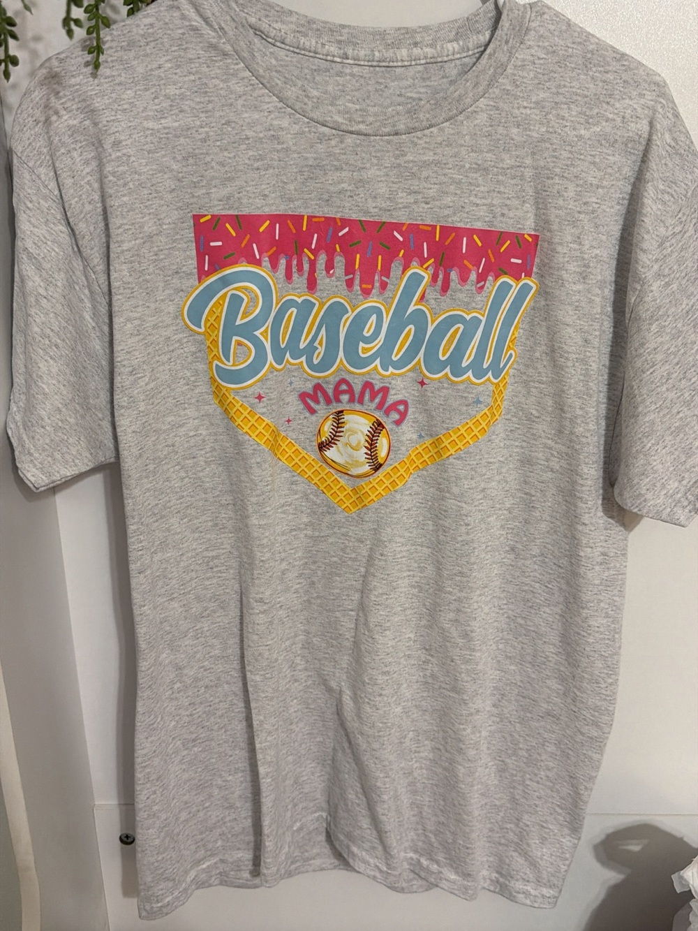 Baseball Mama Graphic Tee - Gray with Pink & Yellow